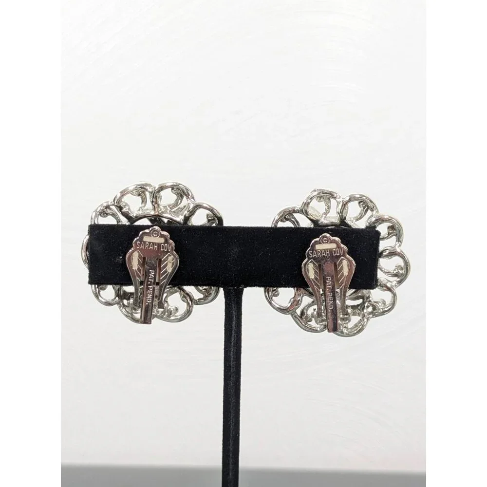 Vintage Sarah‎ Coventry Silver Tone Scroll Round Statement Clip On Earrings